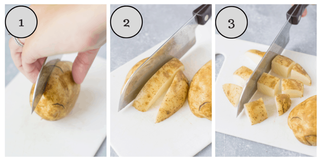 a collage with step by step instructions on how too cut potatoes for roasting