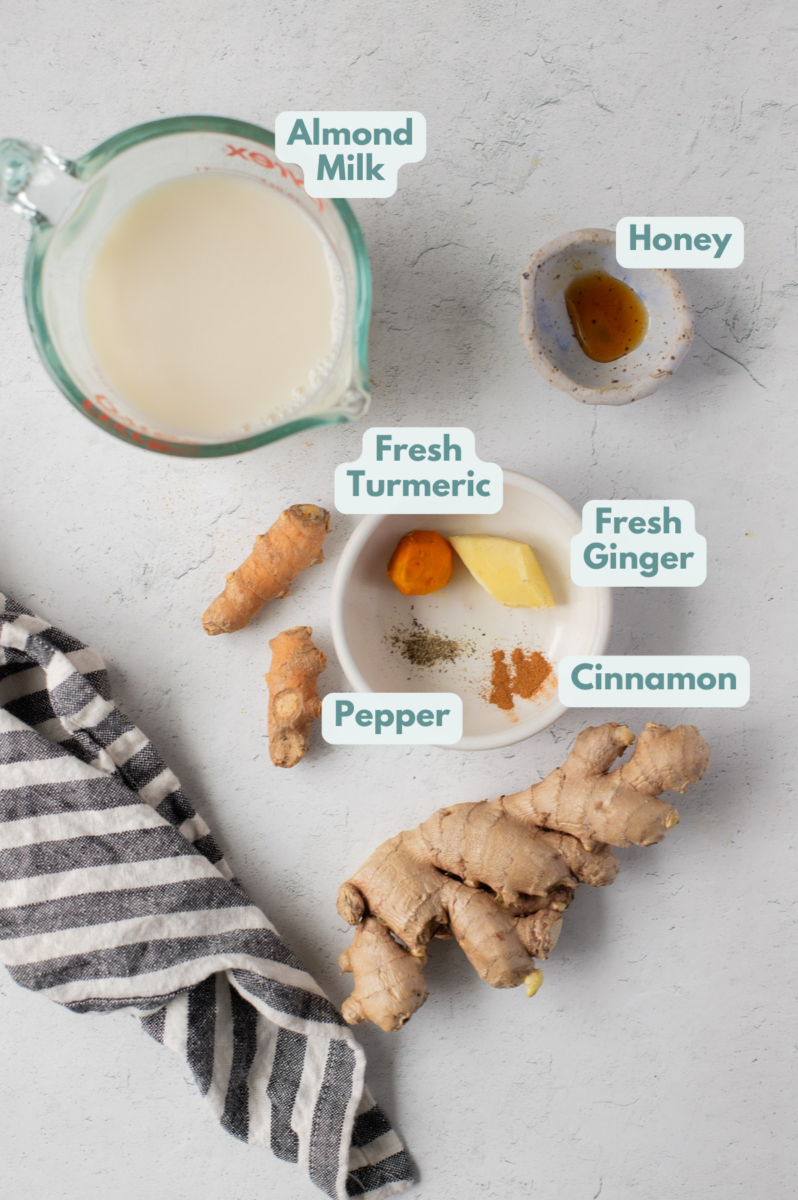 Ingredients for Healthy Turmeric Latte in small white bowls on a white background