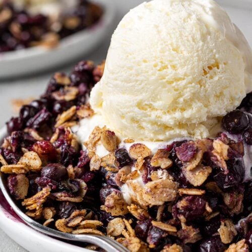 Healthy Blueberry Crisp on a white dish with a scoop of vanilla ice cream