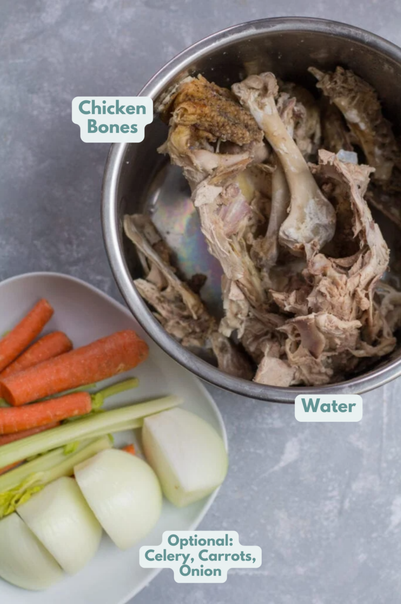 Labeled ingredients to make instant pot bone broth in a pressure cooker base and veggies on a plate.