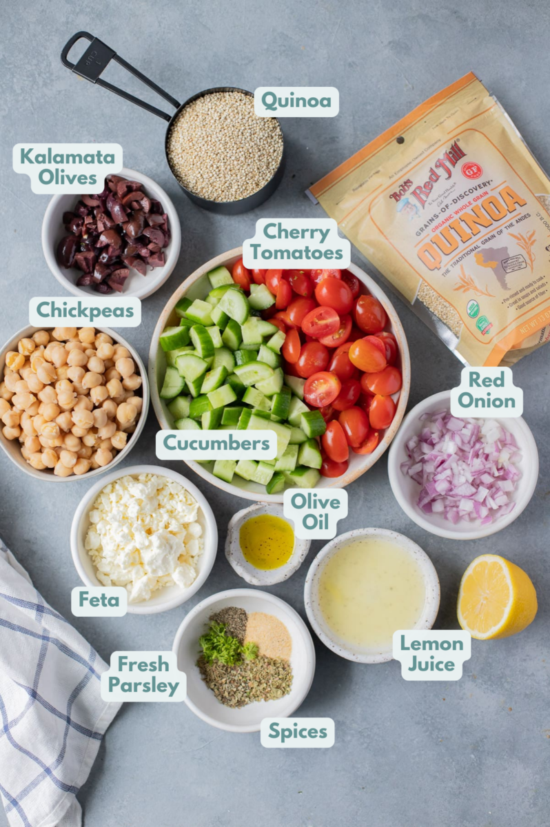 Quinoa Salad Ingredients in small white bowls on a grey background