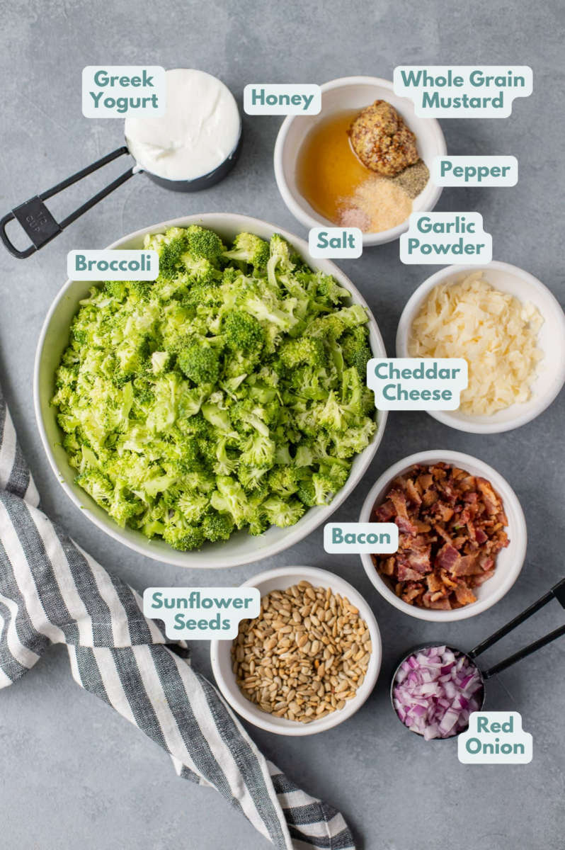 Healthy Broccoli Salad Recipe Ingredients in small white bowls with a striped linen off to the side