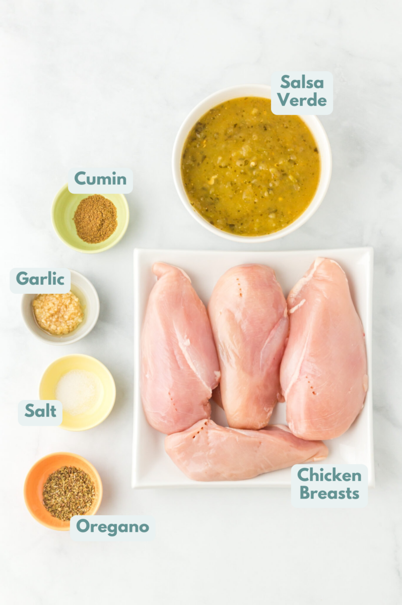 Ingredients for salsa verde chicken in white bowls: chicken breast, salsa verde, minced garlic, dried oregano, ground cumin, salt