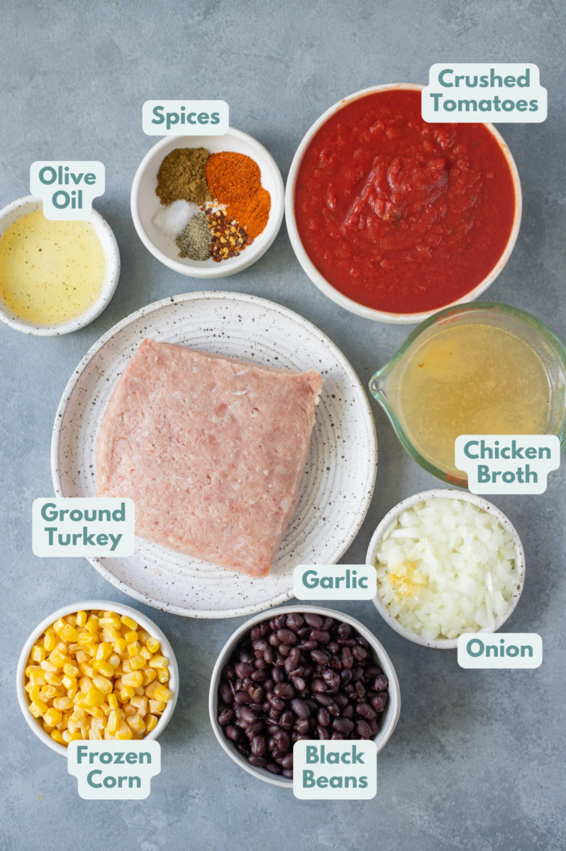 Ingredients for turkey chili in white bowls: olive oil, ground turkey, onion, garlic, crushed tomatoes, paprika, red pepper flakes, chili powder, cumin, salt and pepper, black beans, frozen corn, chicken broth