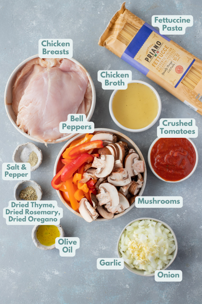 Ingredients for chicken cacciatore in white bowls: Olive oil, Chicken breasts, Salt, Pepper, Onion, Garlic, Mushrooms, Bell peppers, Red wine, Crushed tomatoes, Chicken broth, Thyme, Rosemary , Oregano, Pasta