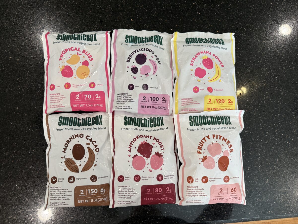 Close up of different smoothiebox flavor packages on a counter