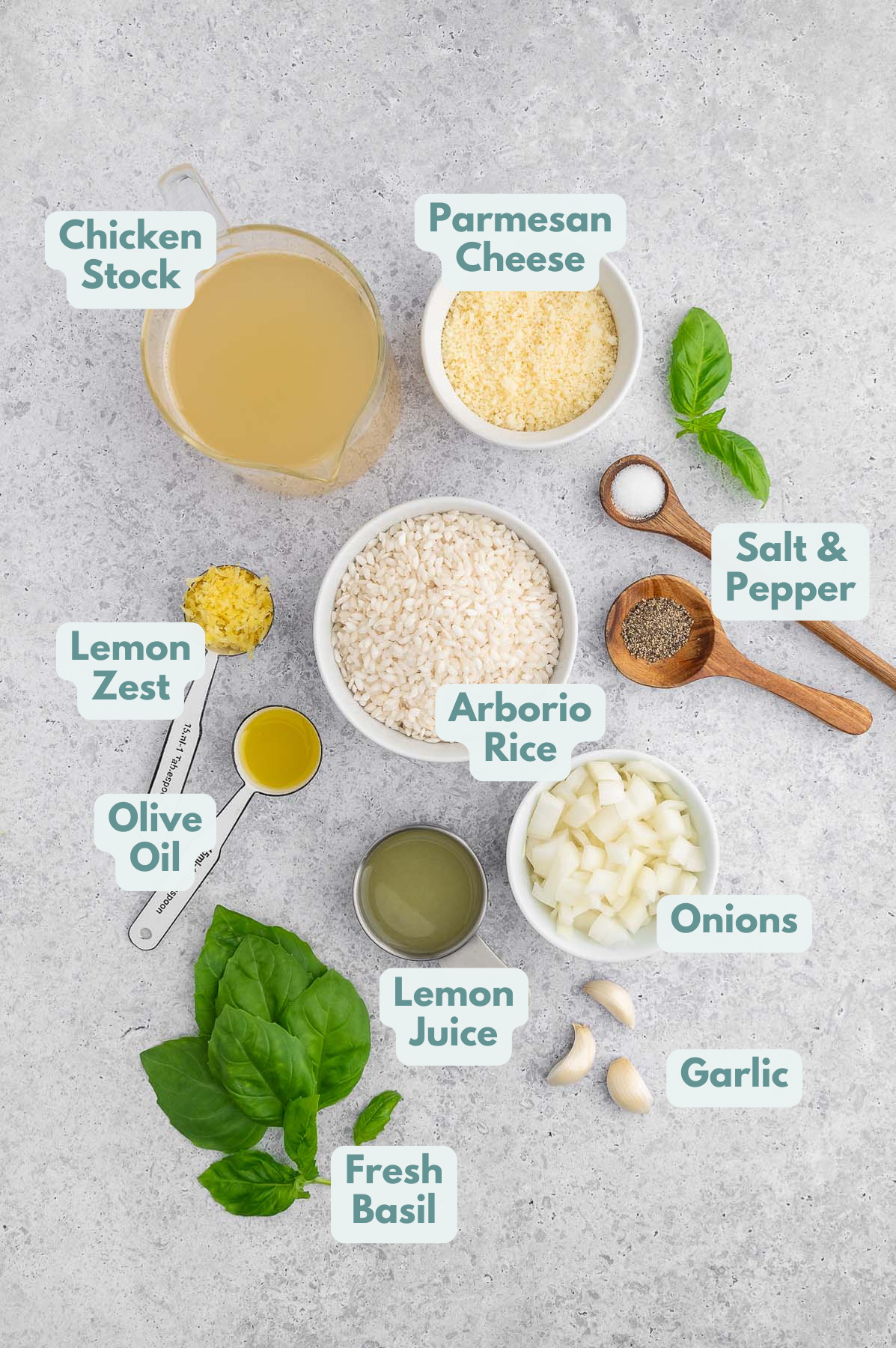 Overhead view of labeled ingredients in small bowls and measuring spoons to make a healthy rice dish.