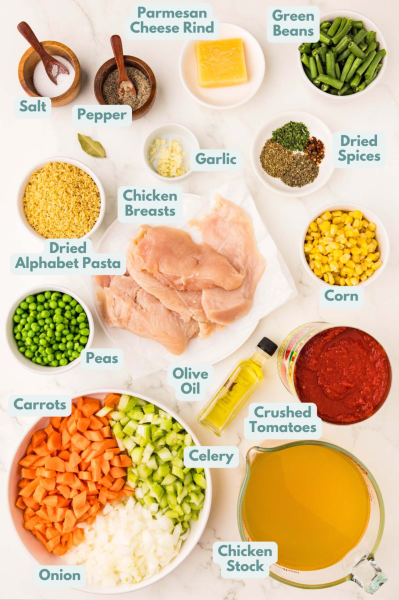 Labeled Alphabet Chicken Soup Ingredients in bowls and measuring cups on a counter.