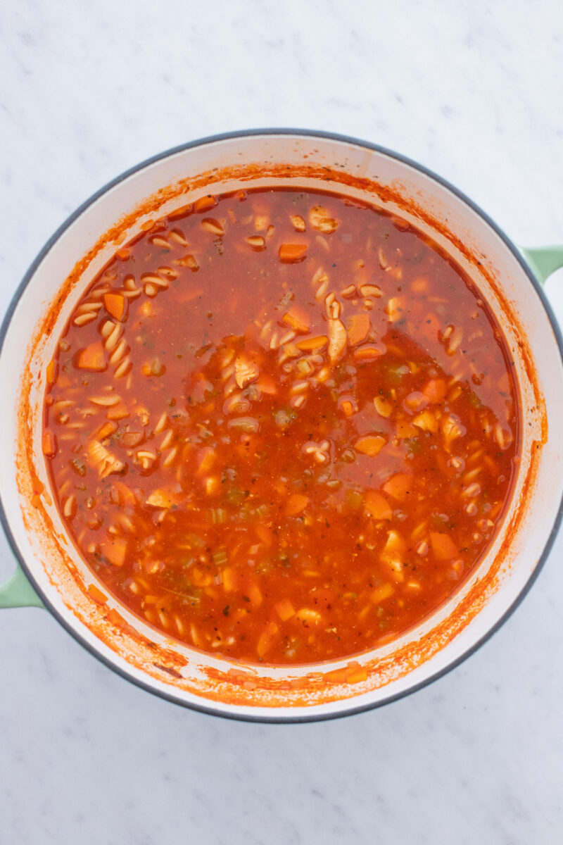 Chicken Parmesan Soup in a dutch oven. 