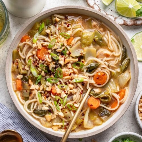 Chicken Rice Noodle Soup in a bowl with a spoon in it with more ingredients on the side.