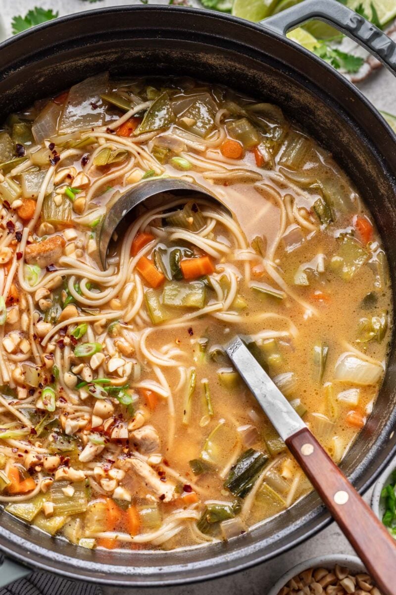 A ladle in a large pot of chicken rice noodle soup. 