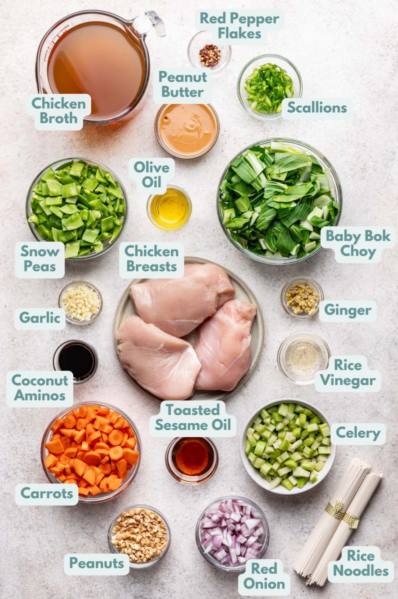 Labeled Chicken Rice Noodle Soup Ingredients in bowls and measuring cups on a counter.
