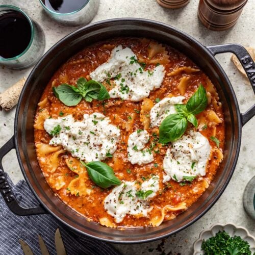 An overhead shot of one pot lasagna in a dutch oven.