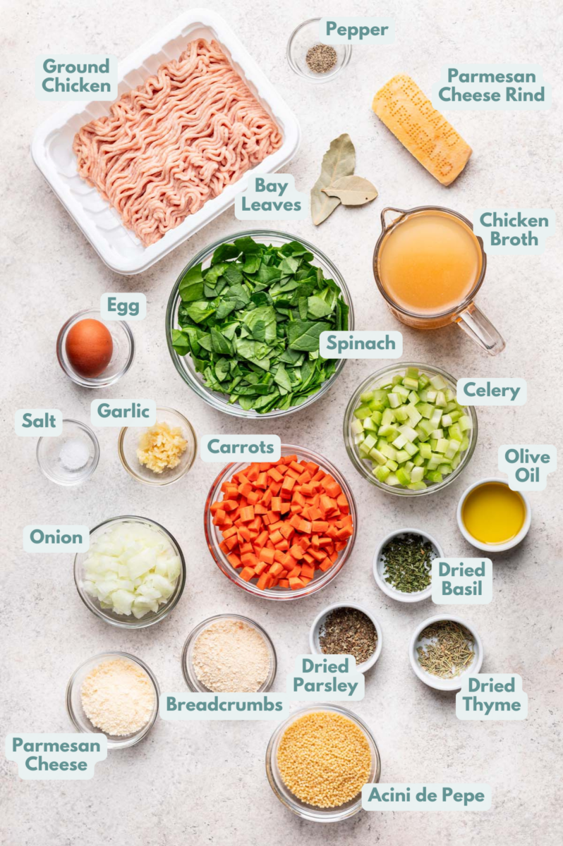 Labeled Chicken Meatball Soup Ingredients in bowls and measuring cups on a counter.