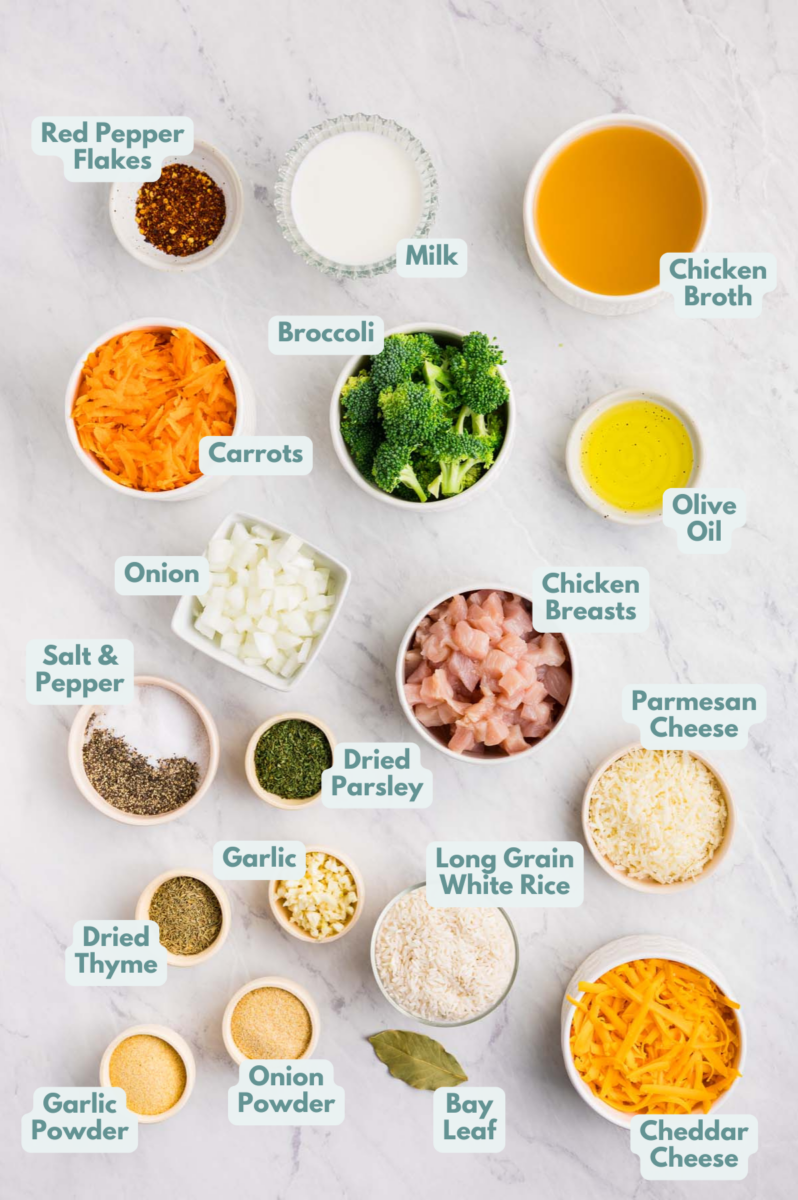 Labeled greek chicken and rice ingredients in bowls and measuring cups on a counter.