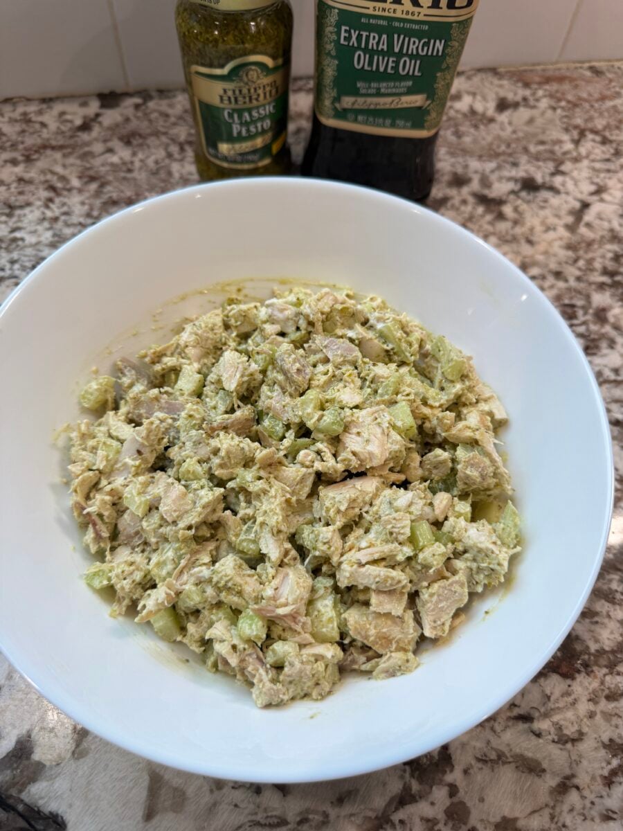pesto chicken salad in a bowl