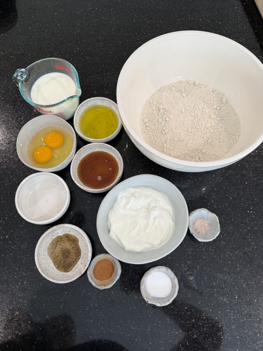 Ingredients to make oat flour pancakes