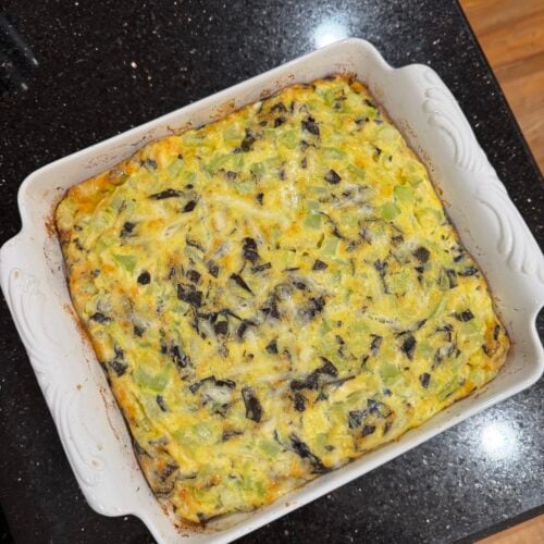 Zucchini Egg Bake in a white baking dish