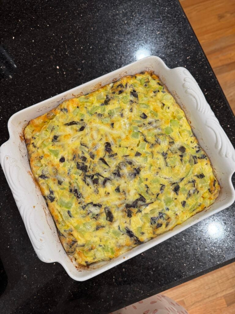 Zucchini Egg Bake in a white baking dish