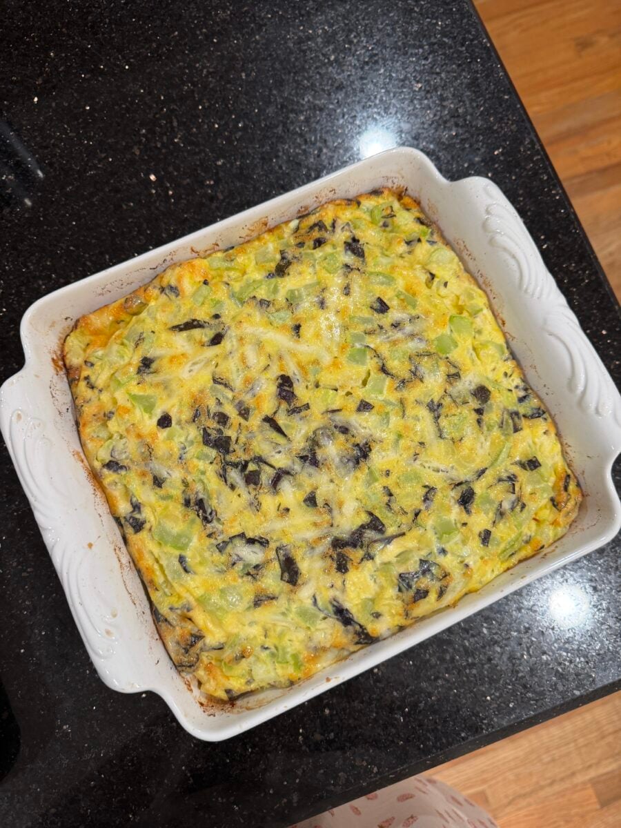 Zucchini Egg Bake in a white baking dish