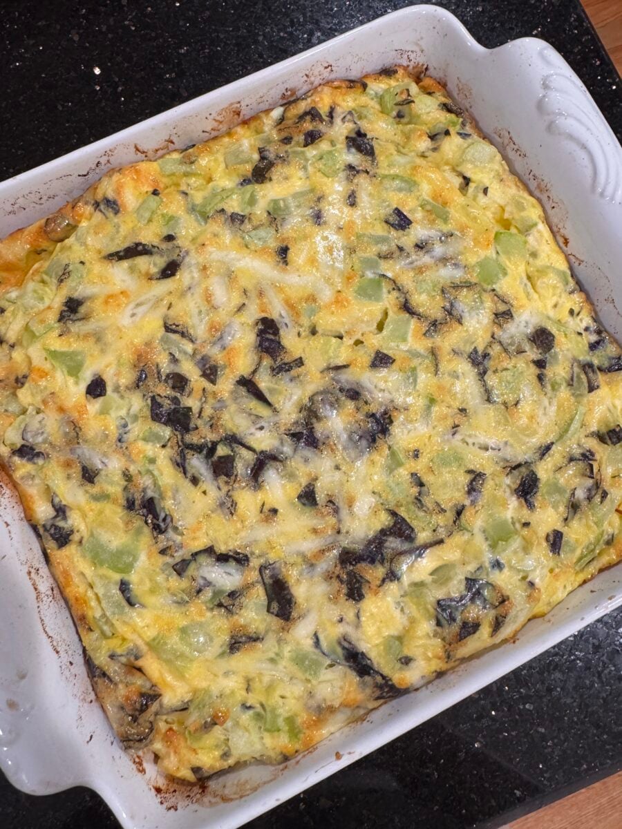 Zucchini egg Bake in a white dish