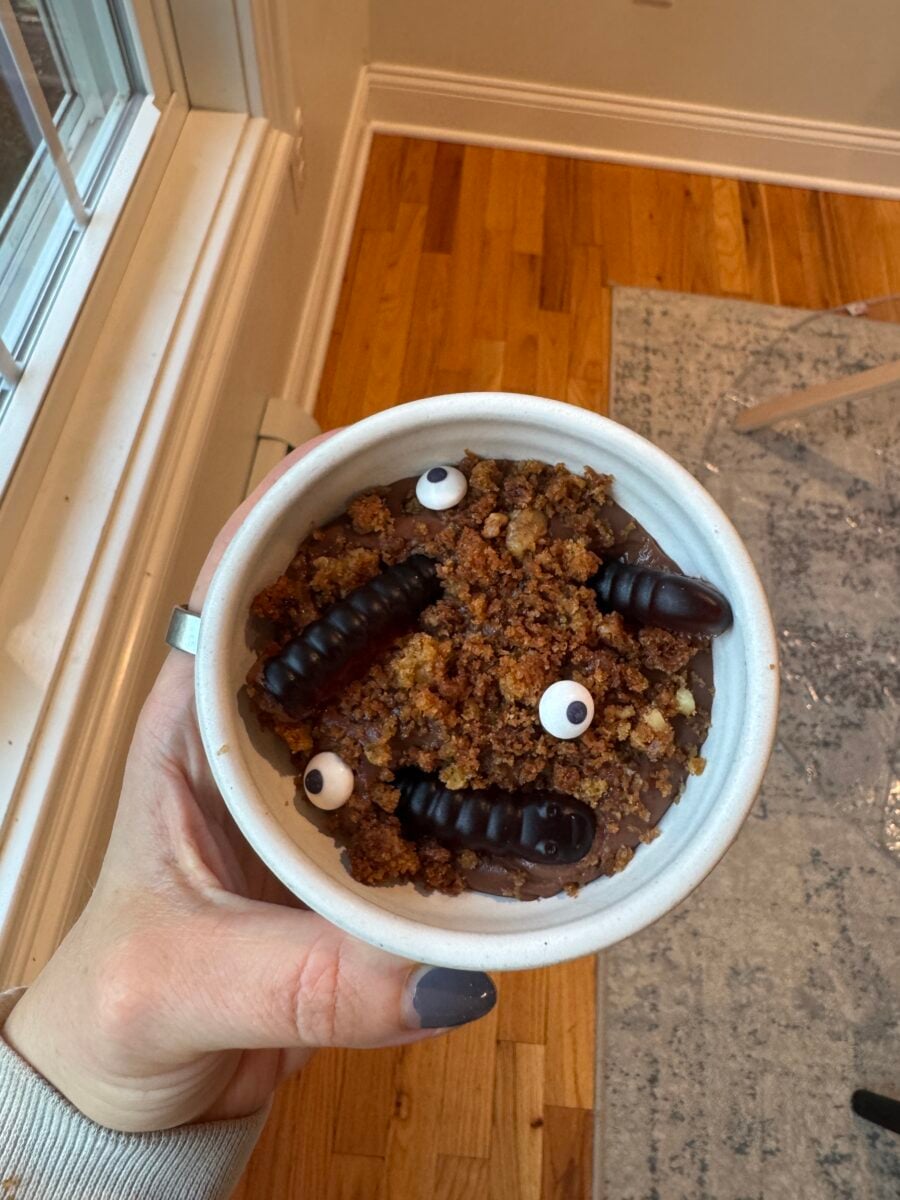 Healthy chocolate pudding made into a dirt cup for halloween